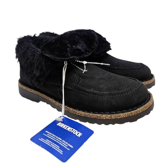 NEW Birkenstock 38 Bakki Black Leather Shearling Lined Boot Moccassin Comfy - Picture 2 of 5
